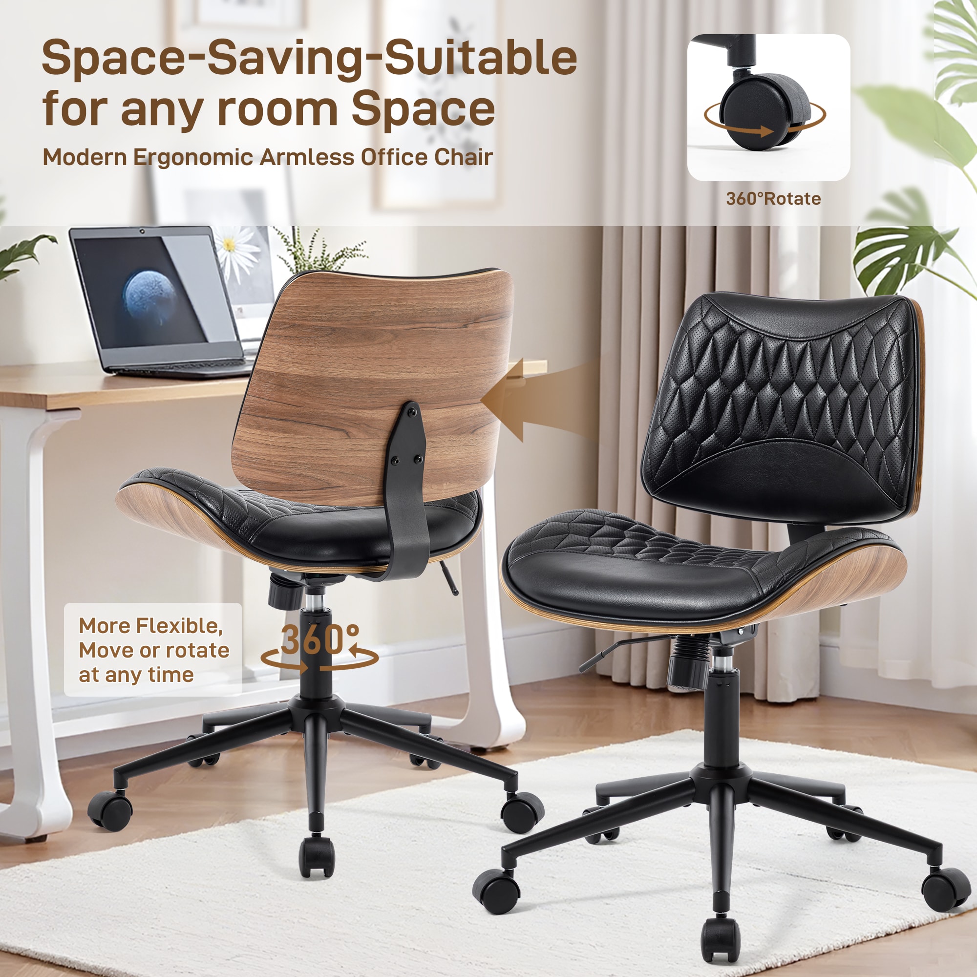 Armless Office Chair With Wheels, Adjustable Height Mid Back Small Desk Chair, Modern Walnut Bentwood Back, PU Leather Swivel Rolling Computer Task Chair For Home Office, Meeting Room, Study, Set Of 1_voghion.com